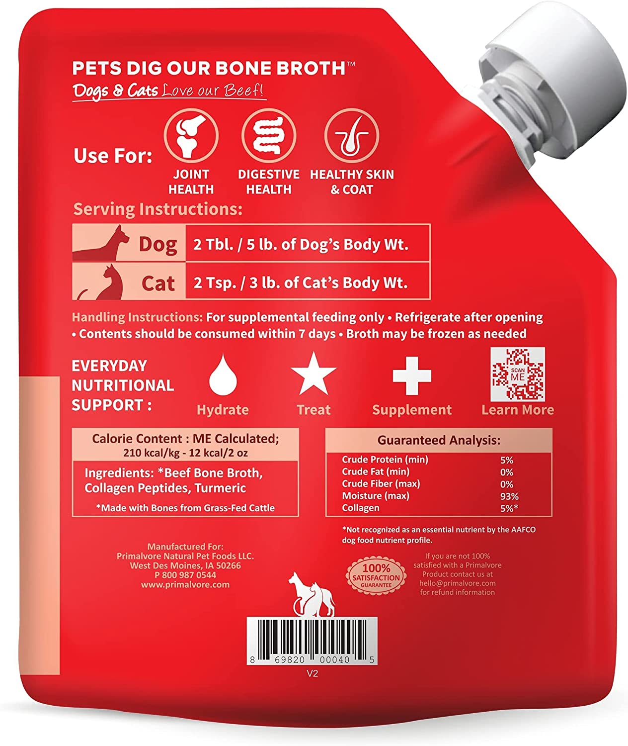 Grass-Fed Beef Bone Broth for Dogs &Cats, Mobility Formula w/Collagen Peptides to Help Support Hip & Joints, Digestion, Skin & Coat and Hydration, Human Grade, Made in USA