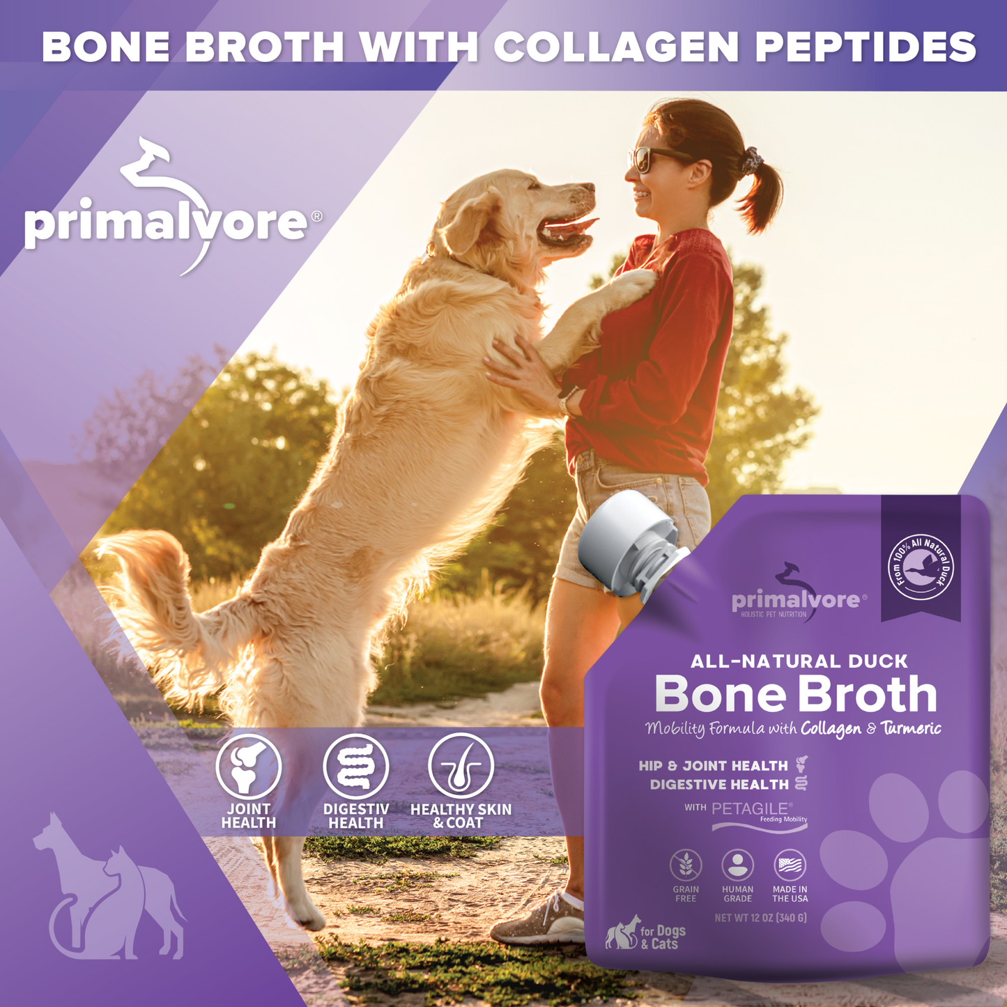 All-Natural Duck Bone Broth for Dogs &Cats, Mobility Formula w/Collagen Peptides Supports Hip & Joints, Digestion, Skin&Coat and Hydration, Grain Free, Human Grade, Made in USA