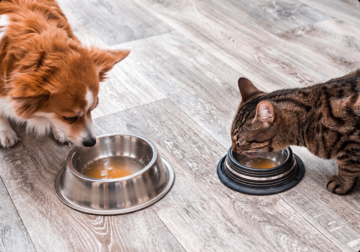 Dog and cat drinking Primalvore bone broth from their bowls