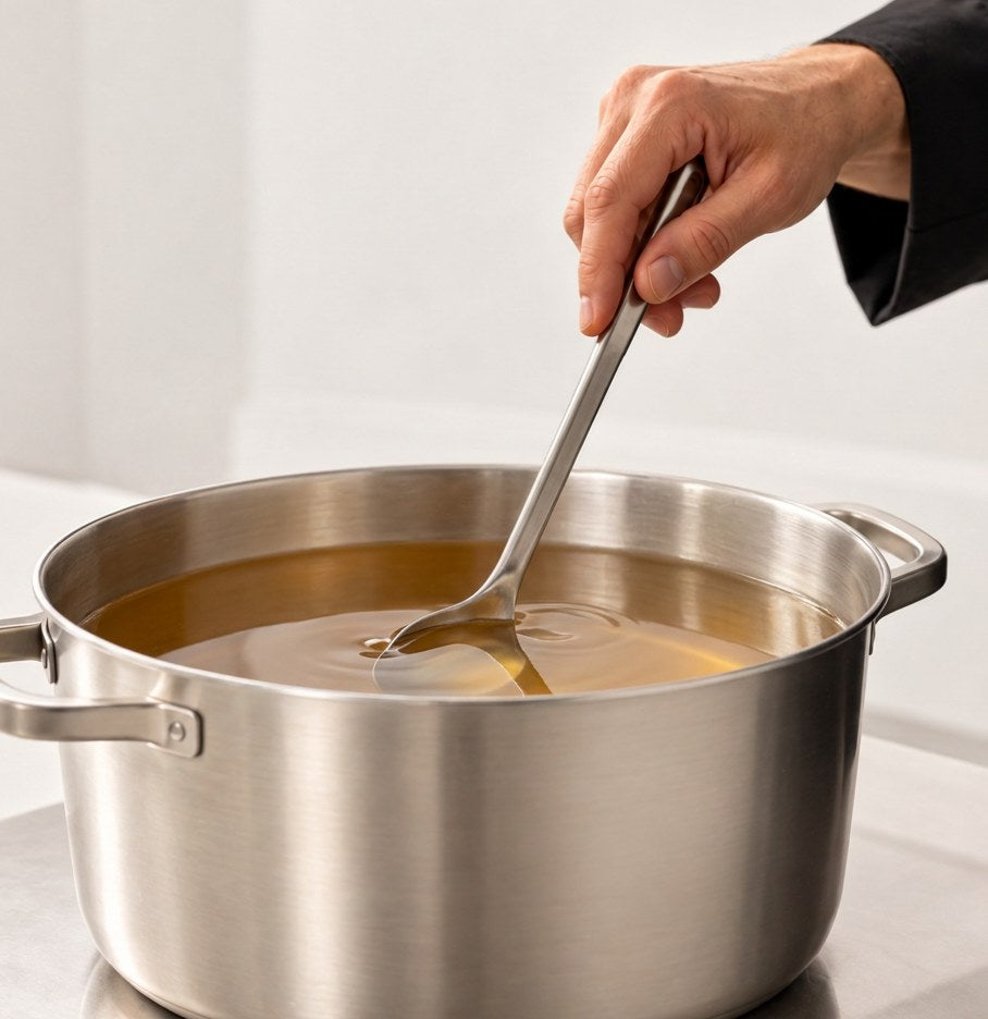 A chef stirring a pot of bone broth