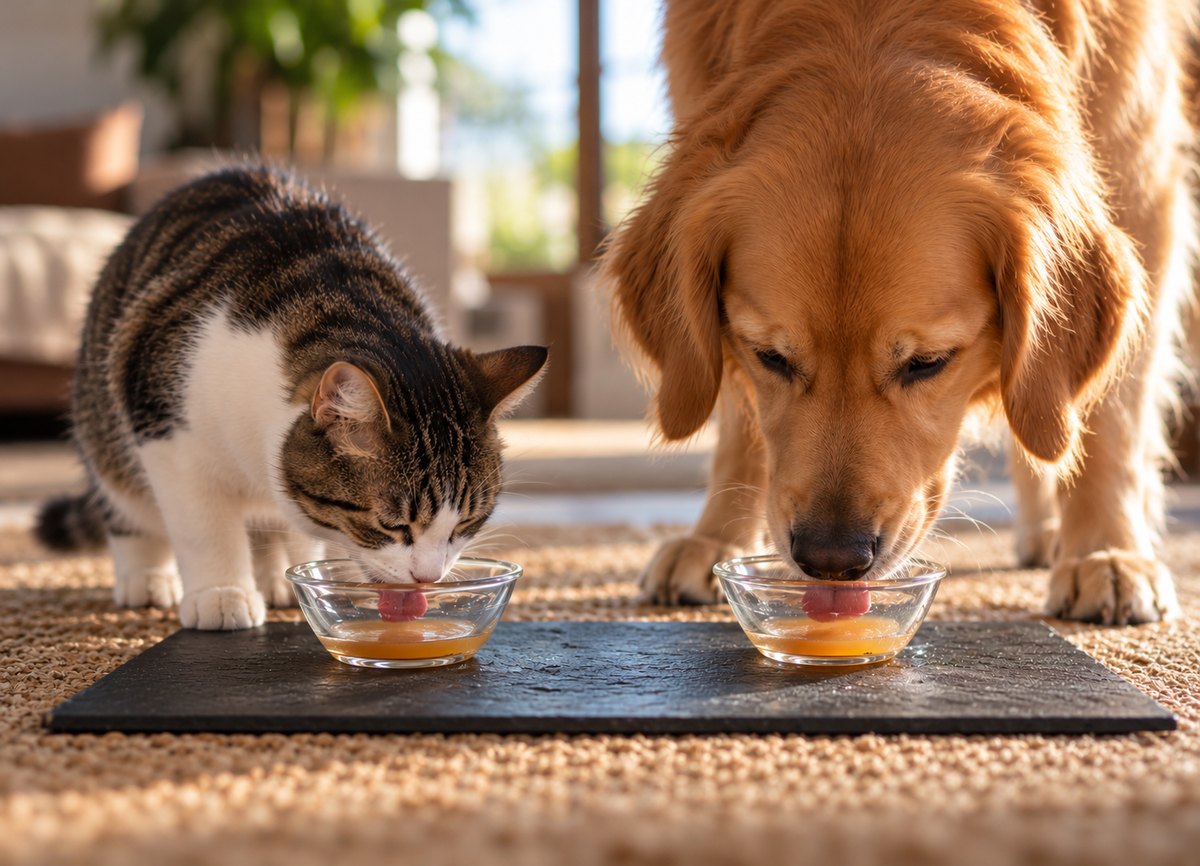 A cat and a dog drinking bone broth side by side from small glass bowls